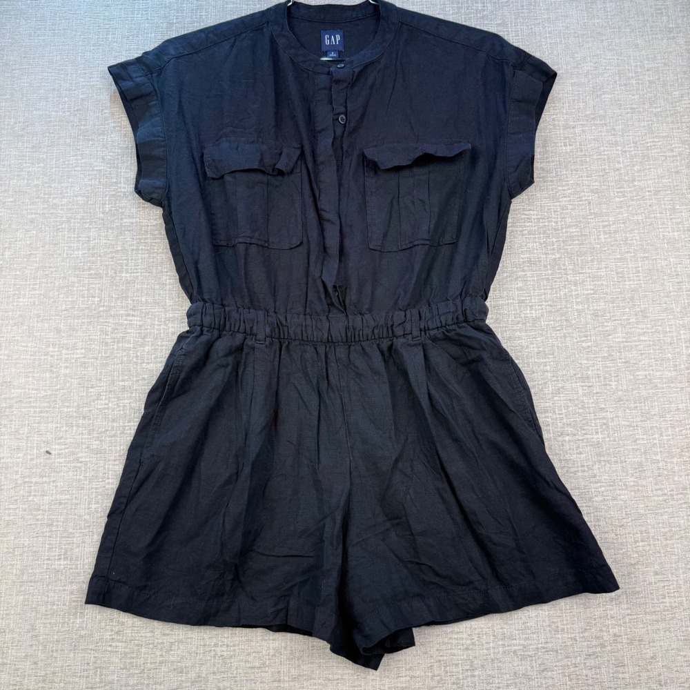 Gap Womens Black Linen Blend Short Sleeve Utility Romper Size S Band Collar